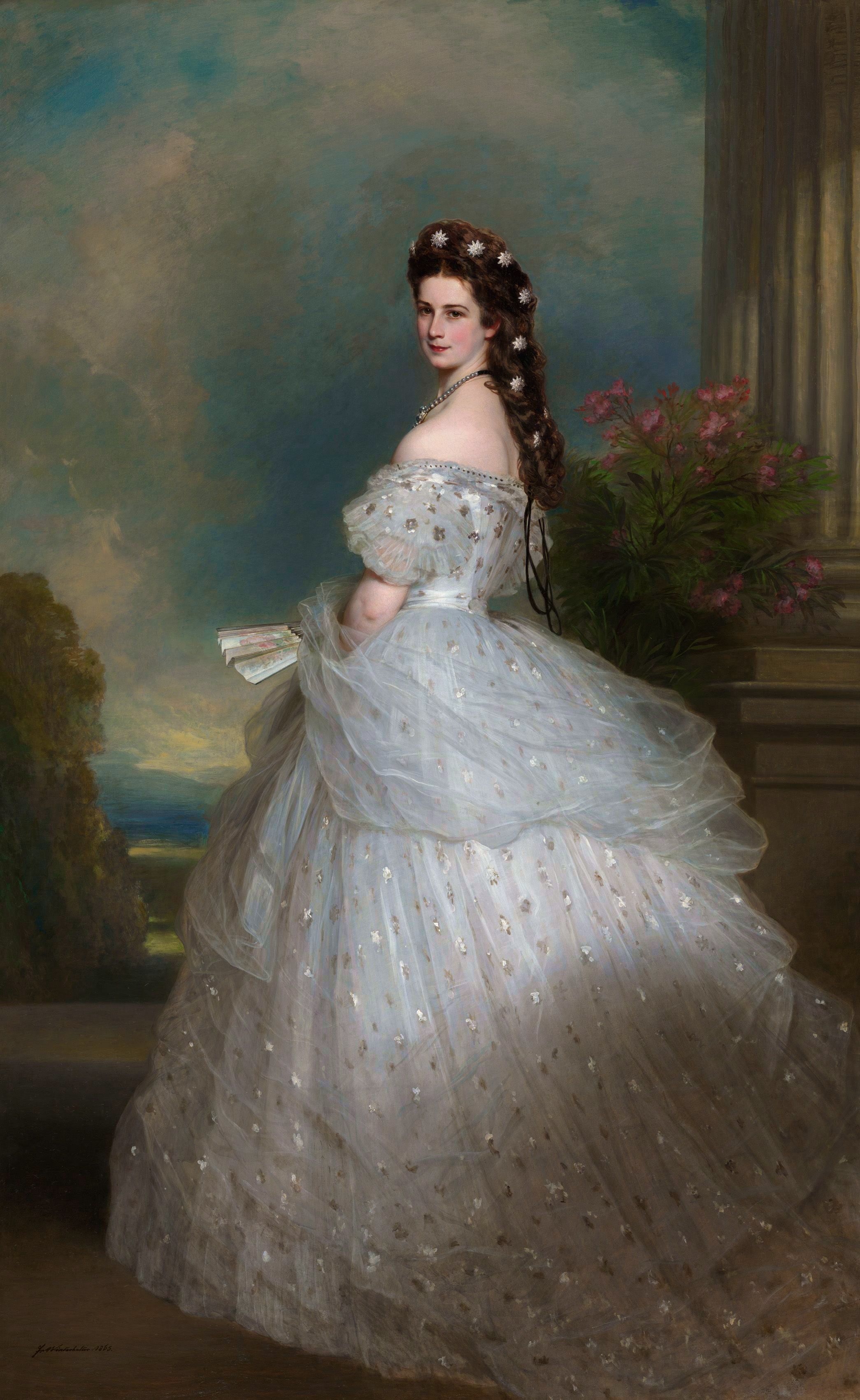 Franz Xaver Winterhalter's full-length portrait of Empress Elisabeth in a white tulle gown, holding a fan beside a stone column.